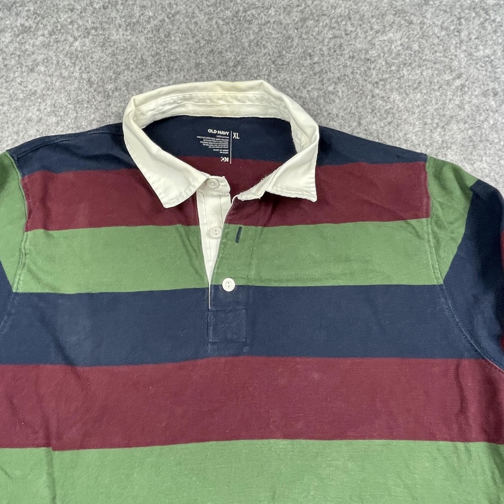 Old Navy Rugby Polo Shirt Mens XL Navy Green Maroon‎ Striped Long Sleeve Classic